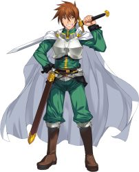 Rule 34 | 1boy, alice soft, armor, boots, brown eyes, brown hair, cape, full body, game cg, grin, happy, highres, onono imoko, orion (orionproject), pants, rance, rance (series), short hair, smile, sword, transparent background, warrior, weapon