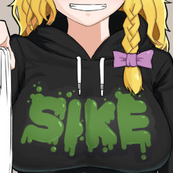 Rule 34 | 1girl, bad id, bad twitter id, black hoodie, blonde hair, bow, braid, breasts, clothes writing, commentary request, cookie (touhou), grey background, grin, hair bow, head out of frame, hood, hoodie, kirisame marisa, large breasts, long hair, mars (cookie), ohasi, purple bow, side braid, simple background, single braid, smile, solo, touhou, upper body