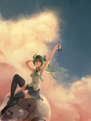 1girl akamaru bad_id bad_pixiv_id breasts cloud digital_media_player female_focus green_eyes green_hair hatsune_miku headphones highres long_hair matching_hair/eyes necktie outdoors sitting skirt sky solo thighhighs torn_clothes twintails umbrella vocaloid zettai_ryouiki