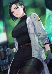 Rule 34 | 1girl, absurdres, aqua eyes, belt, belt buckle, black gloves, black hair, black pantyhose, black shirt, black skirt, breasts, buckle, closed mouth, cow, cowboy shot, cup, gloves, highres, holding, holding cup, hologram, kagematsuri, lab coat, large breasts, lips, looking at viewer, pantyhose, shirt, skirt, solo, steam, twitter username, unbuttoned, v-shaped eyebrows, valorant, viper (valorant)