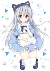 Rule 34 | 1girl, ahoge, animal ears, animal hat, apron, bad id, bad pixiv id, black bow, black footwear, black hat, blue dress, blush, bow, brown eyes, cat ears, cat hat, commentary request, dress, frilled apron, frilled dress, frills, full body, grey hair, hair between eyes, hand up, hat, izuminanase, long hair, looking at viewer, mary janes, original, parted lips, pleated dress, puffy short sleeves, puffy sleeves, shoes, short sleeves, simple background, solo, star (symbol), thighhighs, very long hair, waist apron, white apron, white background, white thighhighs, zettai ryouiki