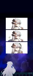 Rule 34 | 1girl, absurdres, arknights, commentary, dragon girl, dragon horns, english commentary, food, grey hair, highres, horns, jitome, long hair, multiple views, orange eyes, pocky, pocky day, saria (arknights), sleepyowl (jobkung15)
