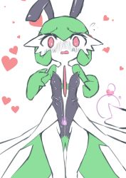 Rule 34 | 2girls, black leotard, blush, bob cut, bright pupils, clothed pokemon, colored skin, creatures (company), disembodied limb, embarrassed, female focus, flat chest, flying sweatdrops, game freak, gardevoir, gen 3 pokemon, green hair, green skin, hands up, heart, heart background, highres, kirlia, leotard, looking down, m3 (gardevoir m3), multicolored skin, multiple girls, nintendo, nose blush, open leotard, open mouth, playboy bunny, pokemon, pokemon (creature), rabbit ears, red eyes, short hair, simple background, sketch, solo focus, standing, straight-on, strapless, strapless leotard, telekinesis, thigh gap, thighs, two-tone skin, unzipping, white background, white pupils, white skin, wide-eyed, zipper, zipper pull tab