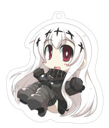 Rule 34 | 10s, 1girl, abyssal ship, aircraft carrier water oni, black shirt, black skirt, blush stickers, boots, chibi, commentary request, detached sleeves, frilled sleeves, frills, full body, gloves, goma (gomasamune), hair ornament, highres, kantai collection, charm (object), long hair, looking at viewer, neckerchief, open mouth, red eyes, ribbed sweater, scarf, shirt, sidelocks, skirt, smile, solo, sweater, thighhighs, white background, white hair, wide sleeves