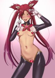Rule 34 | 1girl, blush, breasts, earrings, eyeshadow, female focus, gloves, hair ornament, heart maebari, heart pasties, highres, jewelry, jinx (league of legends), league of legends, lipstick, long hair, maebari, magical girl, makeup, medium breasts, meme attire, navel, open mouth, pasties, red hair, revealing clothes, reverse bunnysuit, reverse outfit, smile, solo, star guardian (league of legends), star guardian jinx, thighhighs, twintails, very long hair, yellow eyes