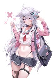 Rule 34 | 1girl, absurdres, ahoge, animal ears, arm up, bag, bare shoulders, black panties, black skirt, breasts, brown thighhighs, cat ears, cellphone, choker, closed mouth, cowboy shot, crop top, crop top overhang, cropped jacket, fang, hair ornament, hairclip, hand up, highleg, highres, holding, holding hair, holding phone, jacket, long hair, long sleeves, looking at viewer, microskirt, midriff, miniskirt, navel, neckerchief, off shoulder, open clothes, open jacket, original, panties, panty straps, paperclip, phone, pink jacket, pleated skirt, purple eyes, red choker, revealing clothes, sailor collar, school uniform, serafuku, shirt, shoulder bag, simple background, single thighhigh, skindentation, skirt, small breasts, smartphone, solo, stomach, symbol-shaped pupils, thigh strap, thighhighs, thighs, thong, torn clothes, torn thighhighs, underwear, verslll, very long hair, white hair, white shirt, x hair ornament