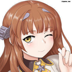 Rule 34 | 1girl, blunt bangs, blush, brown hair, closed mouth, cypress, helena (kancolle), helena kai (kancolle), kantai collection, long hair, military, military uniform, neck ribbon, one eye closed, portrait, ribbon, simple background, solo, star (symbol), twitter username, uniform, white background, yellow eyes, yellow ribbon
