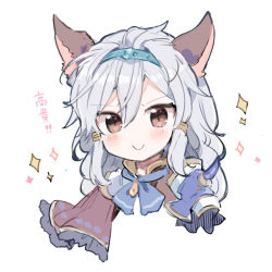 Rule 34 | 1girl, animal ears, bad id, bad tumblr id, blue bow, blue bowtie, blush, bow, bowtie, brown eyes, closed mouth, commentary request, granblue fantasy, grey hair, hair between eyes, hairband, heles, ikeuchi tanuma, long hair, looking at viewer, portrait, slit pupils, smile, solo, sparkle, white background