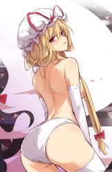 Rule 34 | 1girl, :q, absurdres, ass, back, bad id, bad pixiv id, blonde hair, bonnet, bow, breasts, elbow gloves, gap (touhou), gloves, hair bow, hair over breasts, hat, highres, jpeg artifacts, large breasts, lingerie, long hair, looking back, naughty face, panties, purple eyes, ribbon, sam (new bee), smile, solo, thighhighs, tongue, tongue out, topless, touhou, underwear, underwear only, white gloves, white panties, white thighhighs, yakumo yukari