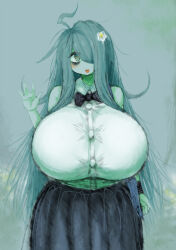 Rule 34 | 1girl, 2b-ge, ahoge, bags under eyes, blush, bow, bowtie, breasts, eyelashes, female focus, gigantic breasts, green theme, grey background, hair over one eye, happy, highres, limited palette, long hair, looking at viewer, mei (2b-ge), messy hair, open mouth, original, salute, shirt, skirt, smile, solo, spot color, white shirt