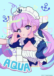 Rule 34 | 1girl, :t, anchor, anchor symbol, blue background, blue bow, blue dress, blue hair, blue ribbon, blush stickers, bow, braid, breasts, character name, closed mouth, commentary, dated, dress, hair ribbon, hand up, highres, hololive, looking at viewer, maid headdress, medium breasts, minato aqua, multicolored hair, neki (wakiko), pink hair, puffy short sleeves, puffy sleeves, purple eyes, ribbon, short sleeves, solo, streaked hair, twintails, twitter username, virtual youtuber, wrist cuffs