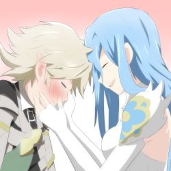 Rule 34 | 1boy, 1girl, azura (fire emblem), blue hair, blush, breasts, cape, closed eyes, corrin (fire emblem), corrin (male) (fire emblem), couple, detached sleeves, dress, fire emblem, fire emblem fates, gradient background, green cape, grey hair, hetero, highres, long hair, medium breasts, nintendo, pink background, pointy ears, short hair, sidelocks, simple background, smile, tearing up, tears, toshi (toshi10416), very long hair, wavy mouth, white background, white dress