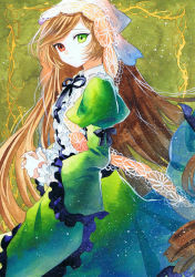 Rule 34 | 1girl, black bow, black ribbon, border, bow, brown hair, closed mouth, cowboy shot, dress, drill hair, frills, from side, green background, green dress, green eyes, green theme, headdress, heterochromia, juliet sleeves, lace, layered sleeves, long hair, long sleeves, looking at viewer, looking to the side, neck ribbon, own hands together, painting (medium), potato (popopopopo623), puffy sleeves, red eyes, ribbon, rozen maiden, sidelocks, solo, standing, suiseiseki, swept bangs, traditional media, twin drills, very long hair, watercolor (medium), wide sleeves