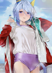 Rule 34 | 1girl, absurdres, animal ears, arm behind head, arm up, blue hair, bottle, buruma, cloud, cowboy shot, cross-body stretch, gym uniform, hand up, highres, holding, holding bottle, horei tsuna, horse ears, horse girl, horse tail, jacket, k.s.miracle (umamusume), lens flare, long sleeves, looking at viewer, open clothes, open jacket, outdoors, parted lips, purple buruma, purple eyes, red jacket, shirt, short hair, solo, sweat, tail, umamusume, water bottle, white shirt