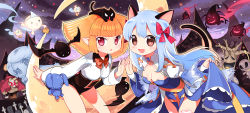 Rule 34 | 2boys, 2girls, animal, animal ears, animal on head, arch bishop (ragnarok online), bandaged hand, bandages, bat (animal), black cat, black leotard, black pants, blonde hair, bloody murderer, blouse, blue dress, blue hair, blush, bow, bowtie, breasts, brown hair, cat, cat ears, cat tail, cleavage, cleavage cutout, closed mouth, clothes lift, clothing cutout, collared leotard, commentary request, corset, cowboy shot, crescent moon, cross, dress, dress lift, frilled sleeves, frills, ghost, gibbet, hair between eyes, hair bow, hat, heirozoist, hiding, highres, holding hands, jacket, large breasts, leotard, lifted by self, light blue hair, loli ruri, long hair, long sleeves, looking at viewer, lude (ragnarok online), mao yu, medium breasts, medium hair, monster, moon, multiple boys, multiple girls, noose, on crescent, on head, open clothes, open jacket, open mouth, pants, pointy ears, pumpkin, quve (ragnarok online), ragnarok online, red bow, red eyes, red jacket, shirt, sitting on moon, sky, star (sky), star (symbol), starry sky, stuffed animal, stuffed rabbit, stuffed toy, tail, tombstone, tree, triangular headpiece, two-tone dress, white dress, white shirt, witch hat