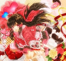 Rule 34 | 1girl, alternate costume, bad id, bad pixiv id, bow, brown hair, cake, chocolate, doughnut, female focus, flower, food, frills, fruit, hair bow, hair tubes, hakurei reimu, heart, heart-shaped food, high heels, highres, kujaku renka, long hair, open mouth, outstretched hand, red eyes, rose, shoes, sidelocks, skirt, solo, strawberry, too many, touhou, valentine