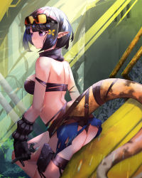 Rule 34 | 1girl, absurdres, ao oni (onioni-aoi), arknights, arm strap, ass, bandeau, bare arms, bare shoulders, black gloves, black hair, black scarf, bob cut, commentary request, eunectes (arknights), gloves, goggles, goggles on head, highres, holding, holding wrench, partial commentary, pointy ears, pouch, purple eyes, scarf, short hair, snake tail, solo, strapless, tail, thigh strap, thighs, tube top, wrench