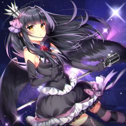 Rule 34 | 1girl, black dress, black gloves, black hair, black wings, blush, bug, butterfly, buttons, closed mouth, crown, dress, elbow gloves, flower, gloves, hair ribbon, halo, highres, insect, jewelry, kurisu sai, long hair, looking at viewer, microphone, original, ribbon, solo, space, star (symbol), striped clothes, striped thighhighs, thighhighs, wings, yellow eyes