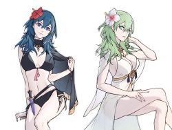 Rule 34 | 1girl, bikini, black bikini, black vs white, blue eyes, blue hair, breasts, byleth (female) (fire emblem), byleth (female) (summer) (fire emblem), byleth (fire emblem), cleavage, closed mouth, clovisxvii, cosplay, crossed legs, dagger, female focus, fire emblem, fire emblem: three houses, fire emblem heroes, flower, from side, green eyes, green hair, hair flower, hair ornament, highres, knife, large breasts, looking to the side, multiple views, navel, nintendo, official alternate costume, one-piece swimsuit, parted lips, rhea (fire emblem), rhea (fire emblem) (cosplay), sheath, sheathed, simple background, swimsuit, weapon, white background, white one-piece swimsuit