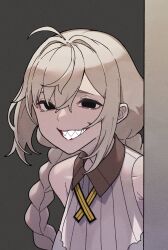 Rule 34 | 1girl, ahoge, alternate eye color, black eyes, braid, breasts, collared shirt, commentary, cross tie, empty eyes, evil grin, evil smile, grey background, grey hair, grin, half-closed eyes, highres, horror (theme), kizuna akari, large breasts, long hair, looking at viewer, peeking out, ribbed shirt, sharp teeth, shirt, simple background, sleeveless, sleeveless shirt, smile, solo, teeth, toriniku29, twin braids, upper body, vocaloid, voiceroid, white shirt