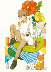 Rule 34 | 1boy, black footwear, brown hair, cat, collared shirt, flower, glasses, head rest, highres, keishin, knee up, leaf, long sleeves, looking at viewer, male focus, original, pants, partially immersed, pink flower, poppy (flower), red flower, shirt, shoes, short hair, solo, stuffed animal, stuffed toy, sweater, teddy bear, white flower, white sweater, yellow flower, yellow shirt