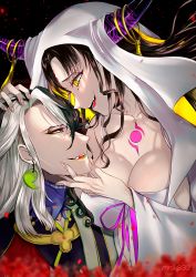 Rule 34 | 1boy, 1girl, androgynous, ashiya douman (fate), asymmetrical hair, black background, black eyes, black hair, breasts, chest tattoo, cleavage, collarbone, curly hair, earrings, eyeshadow, facial mark, fangs, fate/grand order, fate (series), flower, forehead tattoo, green eyeshadow, green kimono, green lips, habit, hair between eyes, hand on another&#039;s chin, hand on another&#039;s head, highres, horn ornament, horn ring, horns, japanese clothes, jewelry, kimono, large breasts, lipstick, long hair, looking at another, magatama, magatama earrings, makeup, multicolored hair, murasaki yuna, pectorals, pink ribbon, ribbon, rose, sessyoin kiara, smirk, tattoo, toned, toned male, two-tone hair, veil, very long hair, wavy hair, white hair, wide sleeves, yellow eyes
