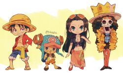 Rule 34 | 1girl, 3boys, afro, ascot, bag, black hair, blue ascot, blue eyes, blue shorts, brook (one piece), chibi, commentary request, cross, crown, eyewear on head, feather boa, flip-flops, floral print, full body, hand on own hip, hat, highres, long hair, looking at viewer, monkey d. luffy, multiple boys, nico robin, one piece, open clothes, open shirt, pink sarong, red shirt, sandals, sarong, sash, scar, scar on chest, scar on face, shirt, short hair, shorts, shoulder bag, skeleton, smile, straw hat, tokuura, tony tony chopper, twitter username, yellow background, yellow sash, zipper