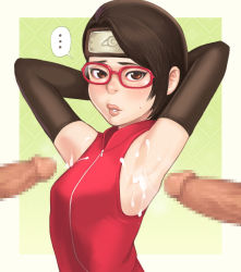 Rule 34 | ..., 1girl, aftersex, armpit sex, armpits, arms behind head, arms up, bad id, bad pixiv id, black detached sleeves, black gloves, black hair, blush, boruto: the movie, breasts, brown eyes, censored, cum, cum on armpit, cum on armpits, cum on body, cum on upper body, disembodied penis, ejaculation, elbow gloves, forehead protector, glasses, gloves, konohagakure symbol, lips, looking at viewer, maou alba, mosaic censoring, multiple penises, naruto, naruto (series), penis, red-framed eyewear, sleeveless, small breasts, solo, solo focus, sweatdrop, swept bangs, uchiha sarada, upper body, zipper
