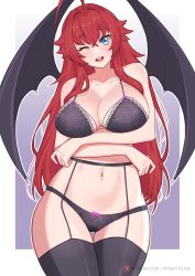 Rule 34 | 1girl, ;d, absurdres, ahoge, black thighhighs, blue eyes, blush, bra, breasts, cleavage, cowboy shot, demon wings, garter belt, garter straps, head tilt, high school dxd, highres, large breasts, lingerie, long hair, looking at viewer, mandytsune, navel, one eye closed, open mouth, pants, red hair, rias gremory, smile, solo, thigh gap, thighhighs, underwear, wings