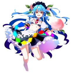 Rule 34 | 1girl, adapted costume, bikini, bikini top only, black bikini, blouse, blue hair, blue skirt, bow, detached collar, food, food-themed hair ornament, fruit, full body, hair ornament, hat, hinanawi tenshi, leaf hair ornament, long hair, looking at viewer, necktie, oversized object, peach, rainbow order, red necktie, shirt, simple background, skirt, smile, solo, swimsuit, touhou, two side up, very long hair, white background, white shirt, yazumi (yazzz)