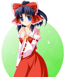 Rule 34 | 1girl, arm at side, ascot, bare shoulders, black hair, blue eyes, blush, bow, collar, collarbone, detached sleeves, dress, female focus, frilled collar, frills, hair bow, hakurei reimu, holding, imperishable night, looking at viewer, maroppe, nontraditional miko, ponytail, red bow, red dress, simple background, sleeveless, sleeveless dress, solo, touhou, white background, wide sleeves