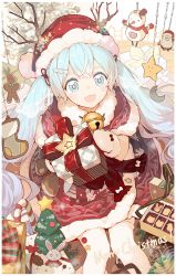 Rule 34 | 1girl, :d, alternate costume, antlers, bell, blue eyes, blue hair, border, box, candy, candy cane, capelet, chain, christmas, christmas stocking, christmas tree, commentary, constellation print, cookie, crescent, dress, feet out of frame, food, fur-trimmed capelet, fur-trimmed dress, fur-trimmed headwear, fur trim, gift, gift box, gingerbread man, hair ornament, hairclip, hat, hat ornament, hatsune miku, highres, holding, holding gift, horns, jingle bell, linfi-muu, long hair, looking at viewer, mermaid, mittens, monster girl, open mouth, pinecone, rabbit, red capelet, red dress, red hat, santa claus, santa hat, see-through, sitting, smile, snowman, solo, star (symbol), thighhighs, very long hair, vocaloid, white border, white mittens, white thighhighs, yuki miku, yuki miku (2019)
