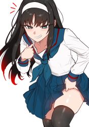 Rule 34 | 1girl, black hair, black thighhighs, blue eyes, blue neckerchief, blue sailor collar, blue skirt, commentary, ebora, english commentary, gradient hair, grin, hairband, highres, lifting own clothes, long hair, long sleeves, looking at viewer, multicolored hair, neckerchief, notice lines, pleated skirt, red hair, sailor collar, school uniform, shirt, skindentation, skirt, smile, solo, thighhighs, tohno akiha, tsukihime, white background, white hairband, white shirt