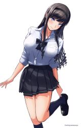 Rule 34 | 1girl, amagami, black bow, black bowtie, black hair, black hairband, black skirt, blue eyes, blue socks, bow, bowtie, breasts, curly hair, drill hair, hairband, highres, large breasts, loafers, long hair, looking at viewer, miniskirt, mitojyaneeeeyo, morishima haruka, pleated skirt, shirt, shoes, simple background, skirt, socks, solo, standing, standing on one leg, tented shirt, twitter username, white background, white shirt