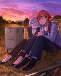 Rule 34 | 2girls, absurdres, ahoge, blue eyes, cloud, cloudy sky, cool (gundam suisei no majo), crutch, formal, grass, grey eyes, gundam, gundam suisei no majo, highres, holding hands, hots (gundam suisei no majo), jacket, jewelry, charm (object), long hair, miorine rembran, multiple girls, official alternate hair length, official alternate hairstyle, outdoors, pants, ponytail, ramen hotpot, red hair, ring, shoes, short hair, sitting, sky, smile, star (sky), suit, suletta mercury, sunset, thick eyebrows, tree, wedding ring, white hair, wife and wife, yuri