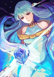 Rule 34 | 1girl, bare shoulders, blue hair, cape, dress, fire emblem, fire emblem: the blazing blade, hair ornament, kokouno oyazi, long hair, looking at viewer, ninian, nintendo, red eyes, simple background, smile, solo, stone