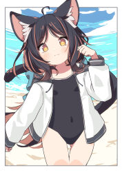 Rule 34 | 1girl, ahoge, animal ear fluff, animal ears, beach, black hair, black one-piece swimsuit, brown eyes, brown hair, cat ears, cat tail, closed mouth, commentary, covered navel, cowboy shot, daidai ookami, highres, jacket, long hair, multicolored hair, ocean, one-piece swimsuit, open clothes, open jacket, original, smile, solo, swimsuit, swimsuit under clothes, tail, white jacket