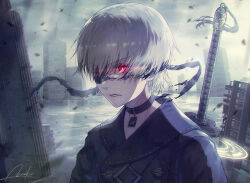 Rule 34 | 1boy, 9s (nier:automata), black blindfold, black collar, black shirt, blindfold, building, cloud, cloudy sky, collar, collared shirt, flood, glowing, glowing eyes, lira mist, male focus, nier:automata, nier (series), parted lips, red eyes, ruins, shirt, short hair, signature, sky, skyscraper, solo, sword, sword behind back, torn blindfold, upper body, water, weapon, white hair