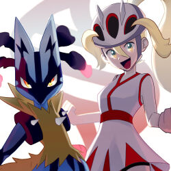 Rule 34 | 1girl, :d, absurdres, bare arms, blonde hair, clenched hands, commentary request, creatures (company), dress, game freak, gen 4 pokemon, green eyes, hair between eyes, helmet, high ponytail, highres, korrina (pokemon), looking at viewer, lucario, mega lucario, mega pokemon, nintendo, nobu (rghw3527), open mouth, pokemon, pokemon xy, sleeveless, sleeveless dress, smile, tongue, two side up, white background, white dress, white headwear