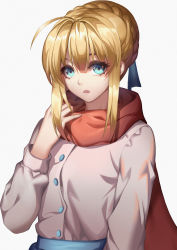 Rule 34 | 1girl, absurdres, adjusting scarf, ahoge, alternate costume, artoria pendragon (all), artoria pendragon (fate), blonde hair, blue ribbon, braid, casual, cowboy shot, fate/grand order, fate/stay night, fate (series), french braid, green eyes, hair between eyes, henz, highres, looking at viewer, open mouth, ribbon, saber (fate), scarf, sidelocks, solo, white background