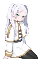 Rule 34 | 1girl, black pantyhose, capelet, closed mouth, commentary request, earrings, elf, frieren, green eyes, highres, jewelry, kwang xo, long hair, long sleeves, looking at viewer, pantyhose, pointy ears, robe, sitting, solo, sousou no frieren, thick eyebrows, twintails, white background, white capelet, white hair, white robe