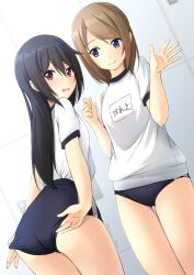 2girls adjusting_buruma adjusting_clothes ass black_hair blue_buruma blue_eyes brown_hair buruma dutch_angle from_behind gym_shirt gym_uniform long_hair multiple_girls name_tag original red_eyes shibacha shirt short_hair smile t-shirt thigh_gap waving white_shirt