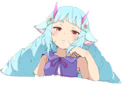 Rule 34 | 1girl, animal ear fluff, animal ears, arched bangs, armpit crease, blue hair, blunt ends, blush, breasts, closed mouth, commentary request, cropped torso, delmin (show by rock!!), dress, drill hair, eyelashes, hair ornament, hand up, highres, horns, looking at viewer, neck ribbon, purple dress, purple ribbon, purple sailor collar, rauto, red eyes, ribbon, sailor collar, short eyebrows, show by rock!!, simple background, sleeveless, sleeveless dress, small breasts, solo, star (symbol), star hair ornament, thick eyebrows, twin drills, white background