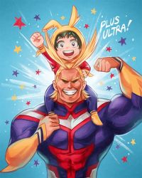 Rule 34 | !, 2boys, abs, aged down, all might, arm up, arms up, biceps, blonde eyebrows, blonde hair, blue background, bodysuit, boku no hero academia, carrying, clenched hand, curly hair, english text, eyebrows, eyelashes, flexing, freckles, green eyes, green hair, hair between eyes, hand up, happy, hood, hood up, hoodie, long sleeves, looking at viewer, male focus, midoriya izuku, multiple boys, munette, muscular, open mouth, pale skin, pectorals, piggyback, short hair, sleeves past elbows, star (symbol), yagi toshinori