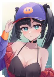 Rule 34 | 1girl, alternate costume, aqua eyes, asymmetrical hair, bare shoulders, baseball cap, black choker, black hair, blush, breasts, camisole, choker, cleavage, closed mouth, collarbone, commentary, dated, genshin impact, gradient background, green background, hand on headwear, hand up, hat, highres, jacket, jisas, long hair, looking at viewer, medium breasts, mona (genshin impact), off shoulder, open clothes, open jacket, purple hat, purple jacket, sidelocks, solo, twintails, upper body