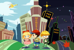 Rule 34 | 1girl, 2boys, aircraft, backpack, bag, black hair, blonde hair, blue shorts, bow, brown footwear, building, chibi, city, dress, freckles, full body, glasses, hair bow, helicopter, hitofutarai, jeff andonuts, location name, moonside, mother (game), mother 2, multiple boys, ness (mother 2), nintendo, paula (mother 2), pink dress, red bow, red footwear, scared, shirt, short hair, shorts, skyscraper, split screen, split theme, striped clothes, striped shirt
