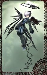 Rule 34 | 1girl, angel, belt, cross, cross necklace, goth fashion, grey hair, halo, jewelry, looking at viewer, necklace, original, pfalz, short hair, solo, striped, thorns, white hair, wings
