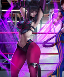 Rule 34 | 2girls, absurdres, armpits, arms up, aura, black hair, black shorts, boxing ring, capcom, chinese clothes, chun-li, commentary, detached sleeves, dudou, english commentary, eyelashes, han juri, highres, hlulani, lips, multiple girls, navel, no bra, nose, pantyhose, patreon logo, pink legwear, purple eyes, short shorts, shorts, sidelocks, signature, skindentation, narrow waist, solo focus, street fighter, street fighter iv (series), sweat, taut clothes, thick thighs, thigh strap, thighs, toned, tongue, tongue out, twintails, updo, watermark, web address