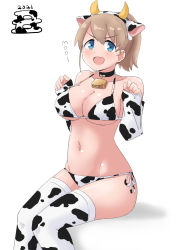 Rule 34 | 1girl, 2021, animal ears, animal print, bell, bikini, blue eyes, breasts, brown hair, cleavage, commentary request, cow ears, cow horns, cow print, cow print sleeves, cowbell, cowboy shot, detached sleeves, fake animal ears, fake horns, highres, horns, intrepid (kancolle), junes, kantai collection, large breasts, looking at viewer, navel, ponytail, short hair, side-tie bikini bottom, simple background, solo, swimsuit, thighhighs, white background, white bikini, white thighhighs