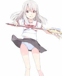 Rule 34 | 1girl, akinbo (hyouka fuyou), clothes lift, collared shirt, fate/kaleid liner prisma illya, fate (series), grey hair, grey skirt, hair between eyes, holding, holding staff, homurahara academy school uniform, illyasviel von einzbern, long hair, looking at viewer, magical ruby, miniskirt, panties, pantyshot, parted lips, pleated skirt, red eyes, sailor collar, sailor shirt, school uniform, shirt, short sleeves, simple background, skirt, skirt lift, solo, staff, standing, underwear, white background, white panties, white sailor collar, white shirt
